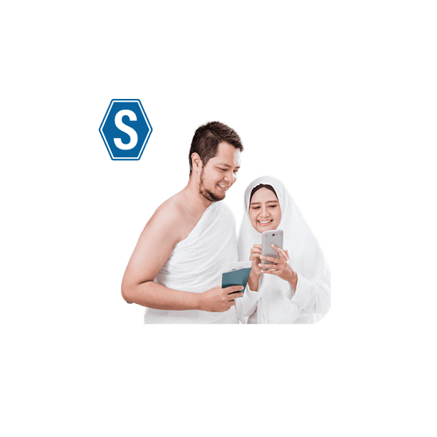 Illustration of pilgrims performing Umrah and Hajj with a shield icon representing Takaful protection, symbolizing insurance coverage for religious travel.