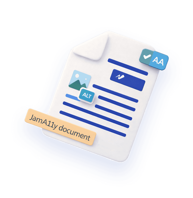 Claymation style illustration depicting a document processed by JamA11y in its finished accessible state with WCAG AA signal and image alt texts