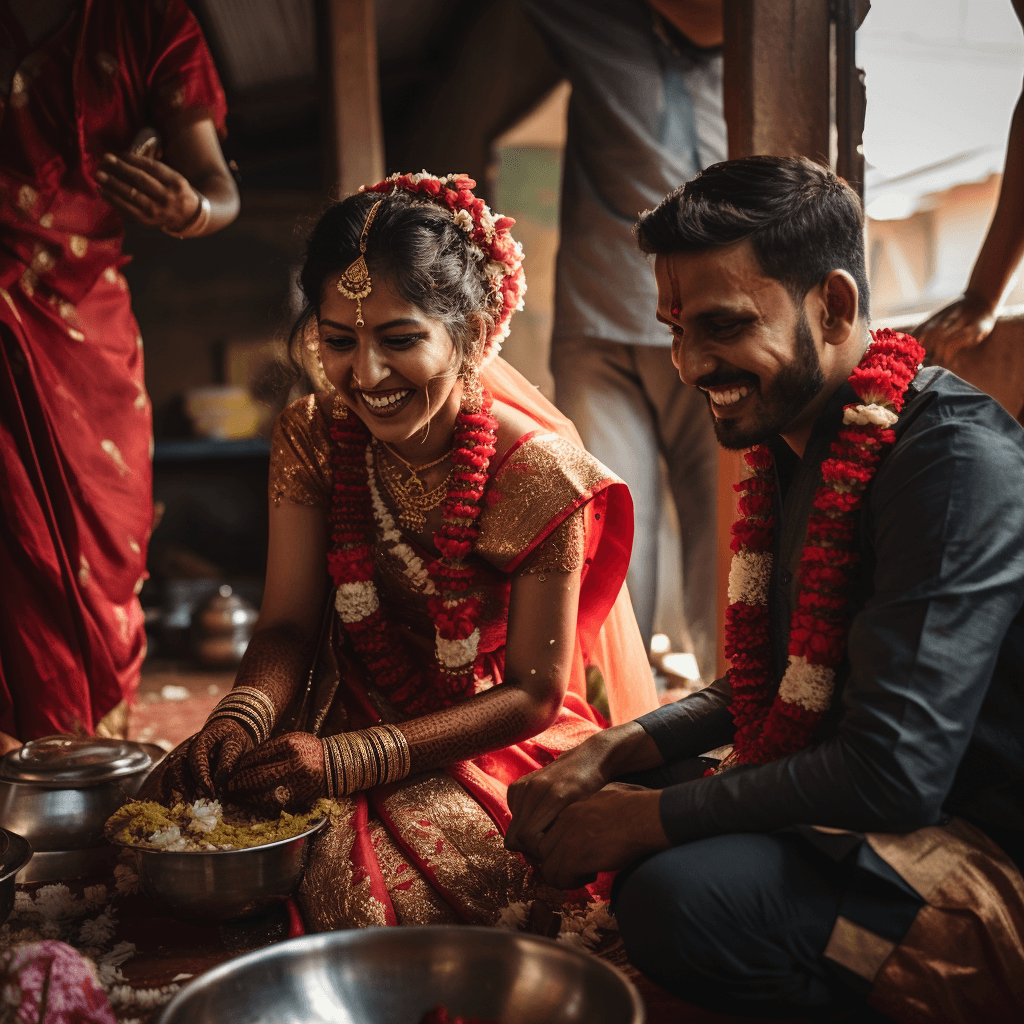 A couple in traditional attire smiles while participating in a cultural ritual, surrounded by family and decorations.