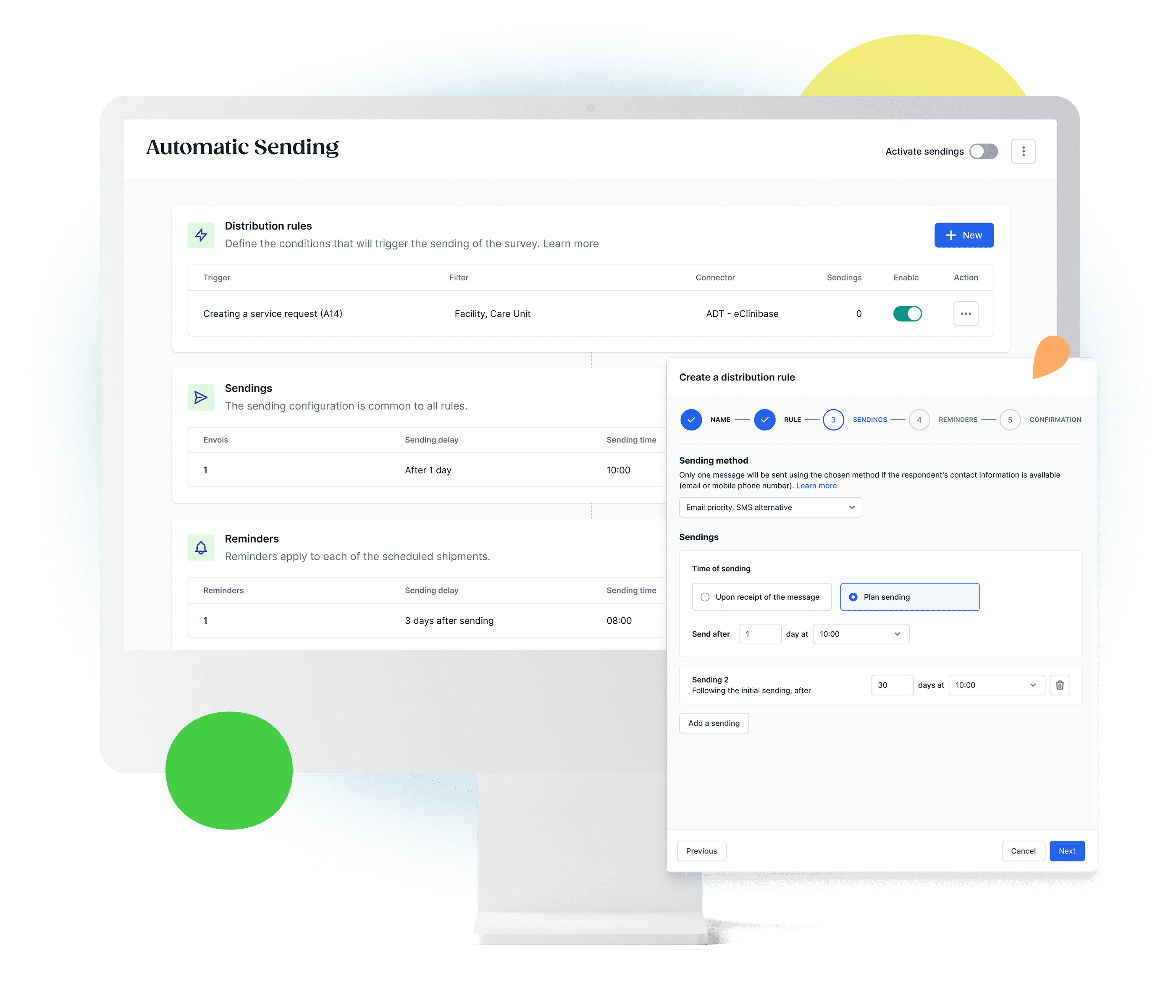Configuration interface for automated sending settings with menu options in French for setting triggers and reminders.
