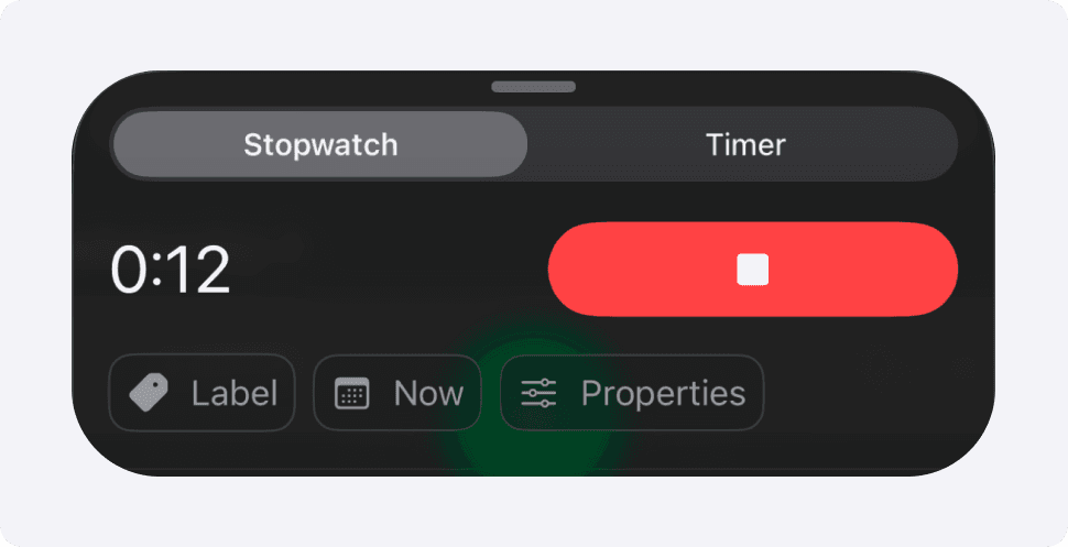 Screenshot of interface showing Stopwatch and Timer modes embedded directly in the set recording screen.