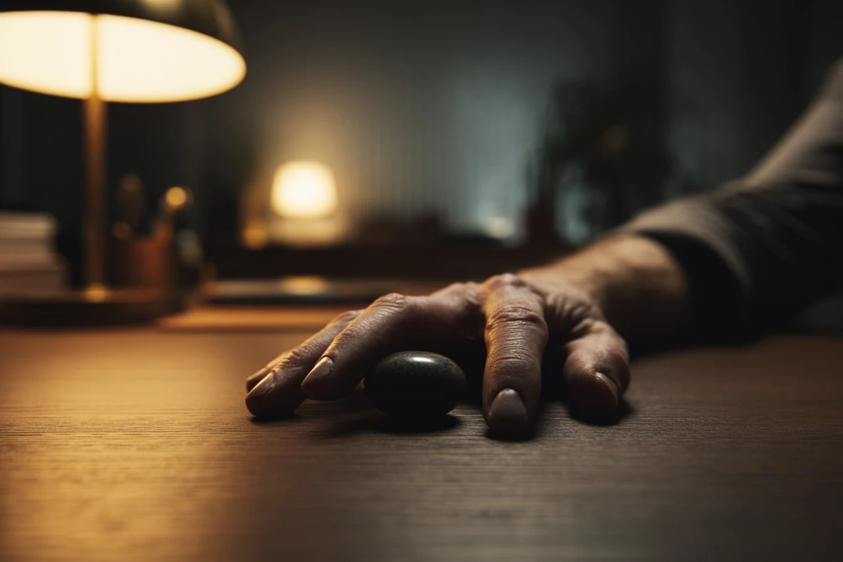 A man's hand resting flat on a dark wooden desk with a smooth dark grounding stone beneath the fingers, warm amber lamp light, minimal workspace in background.