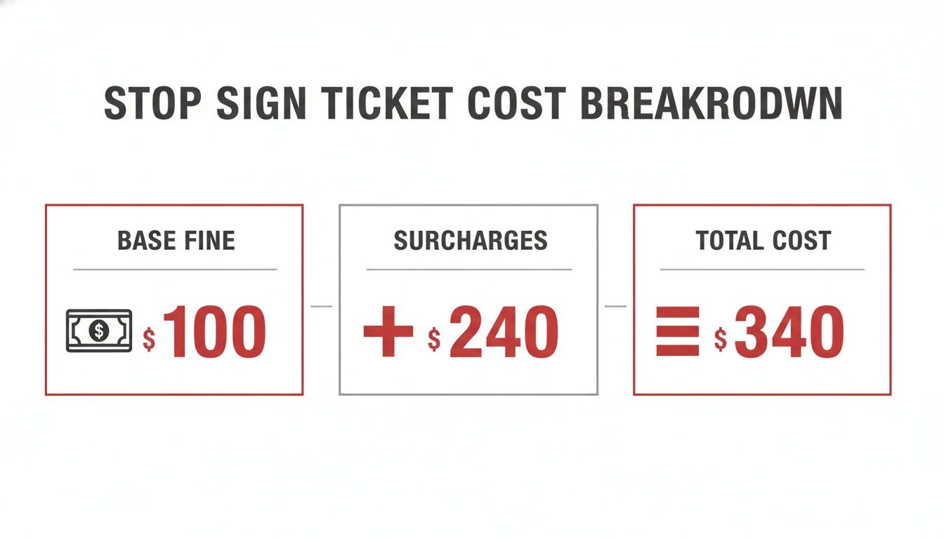 An infographic detailing the financial breakdown of a stop sign ticket, showing a base fine of $100, surcharges of $240, for a total cost of $340.