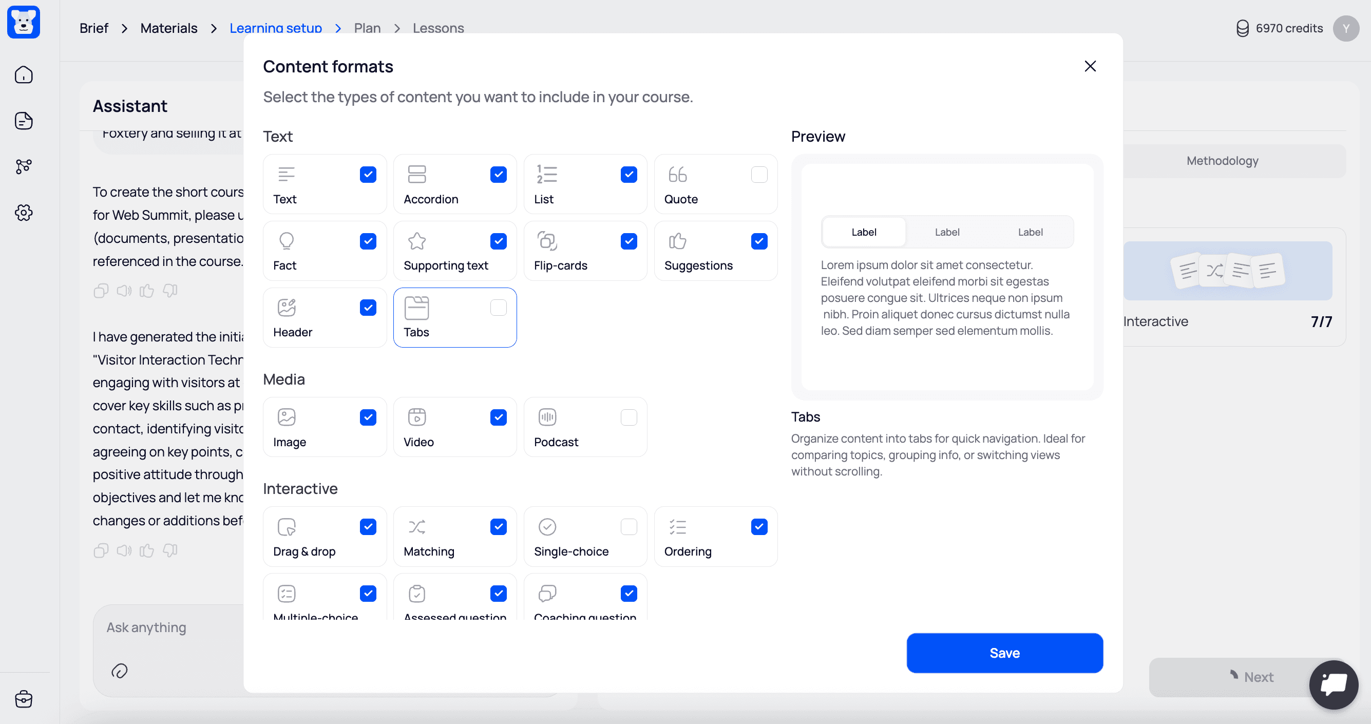 AI course creator content formats selection screen showing text, media, and interactive learning blocks