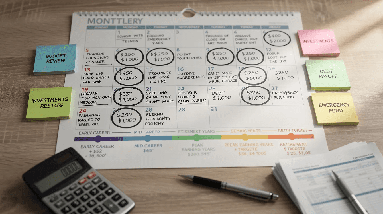 The image depicts a calendar filled with notes related to financial planning, featuring markers for retirement age and significant dates for retirement income sources and healthcare expenses. It highlights essential elements like retirement accounts, estate planning, and potential medical expenses that many retirees need to consider for a secure financial future.