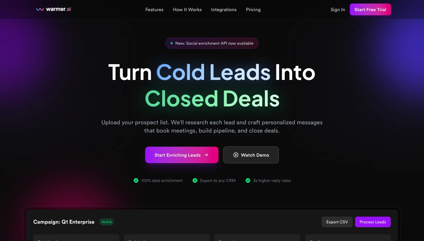 Warmer.ai homepage: AI cold email personalization tool for custom intro lines