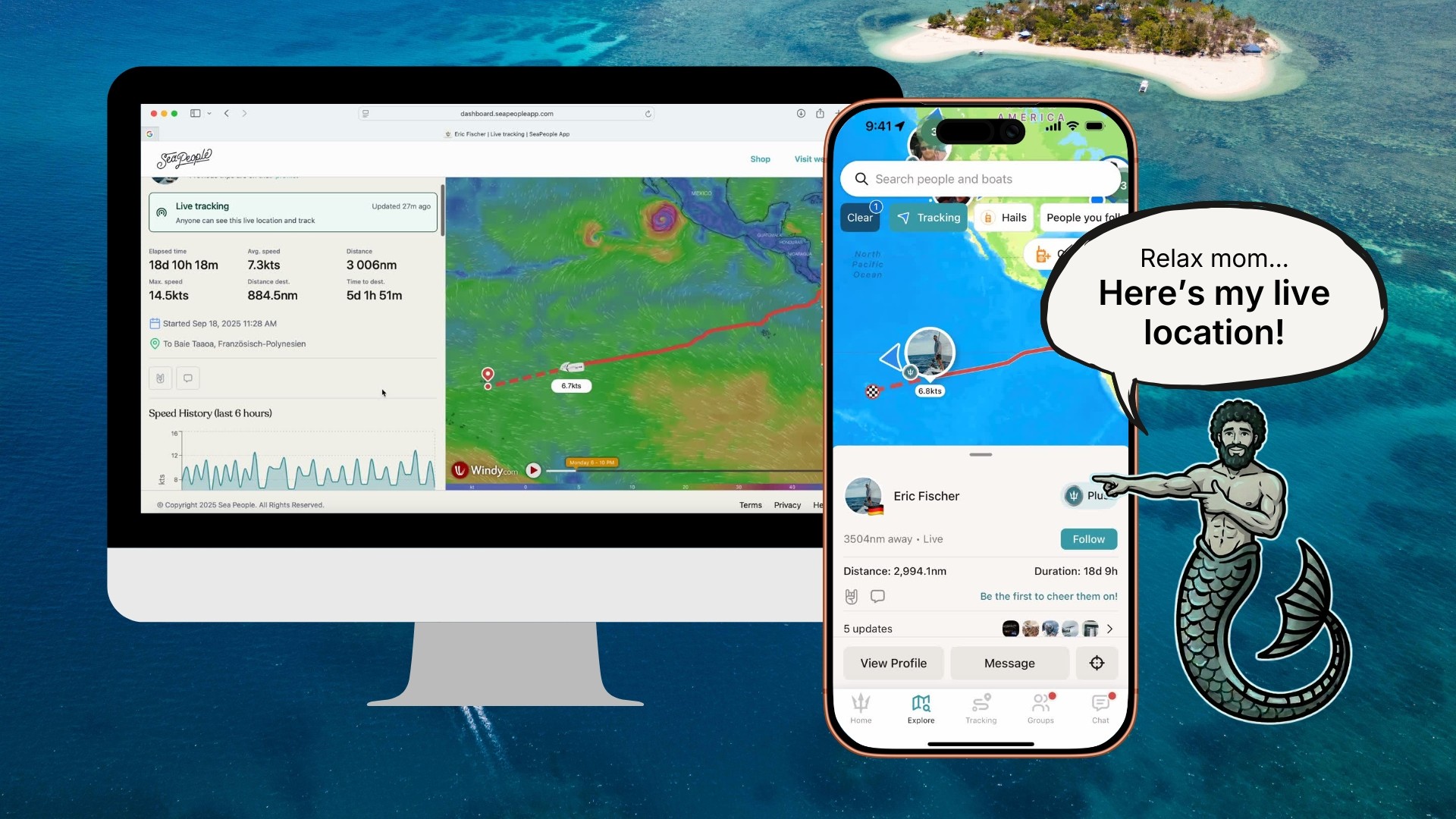 SeaPeople live tracking interface on mobile and desktop showing a route across the Pacific