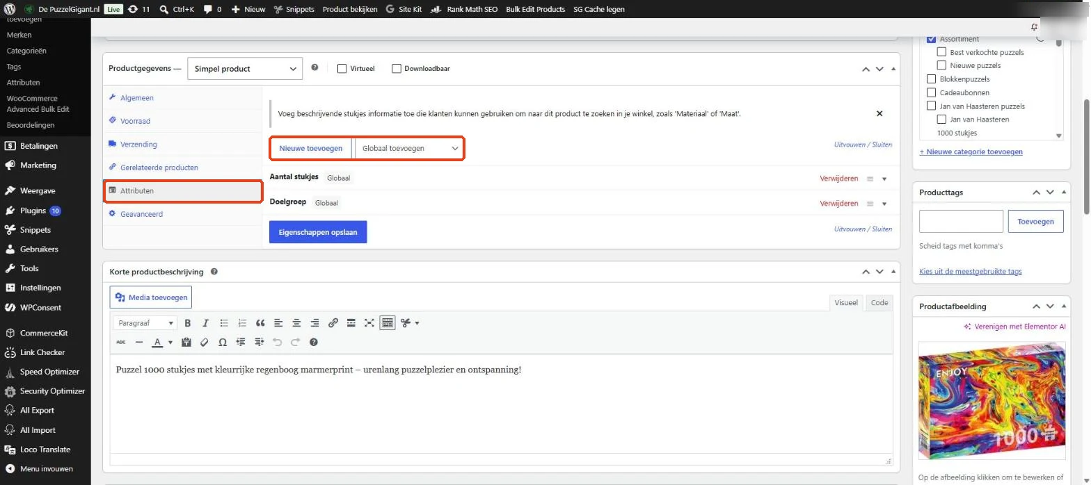 WooCommerce: het tabblad Attributen met Globaal toevoegen