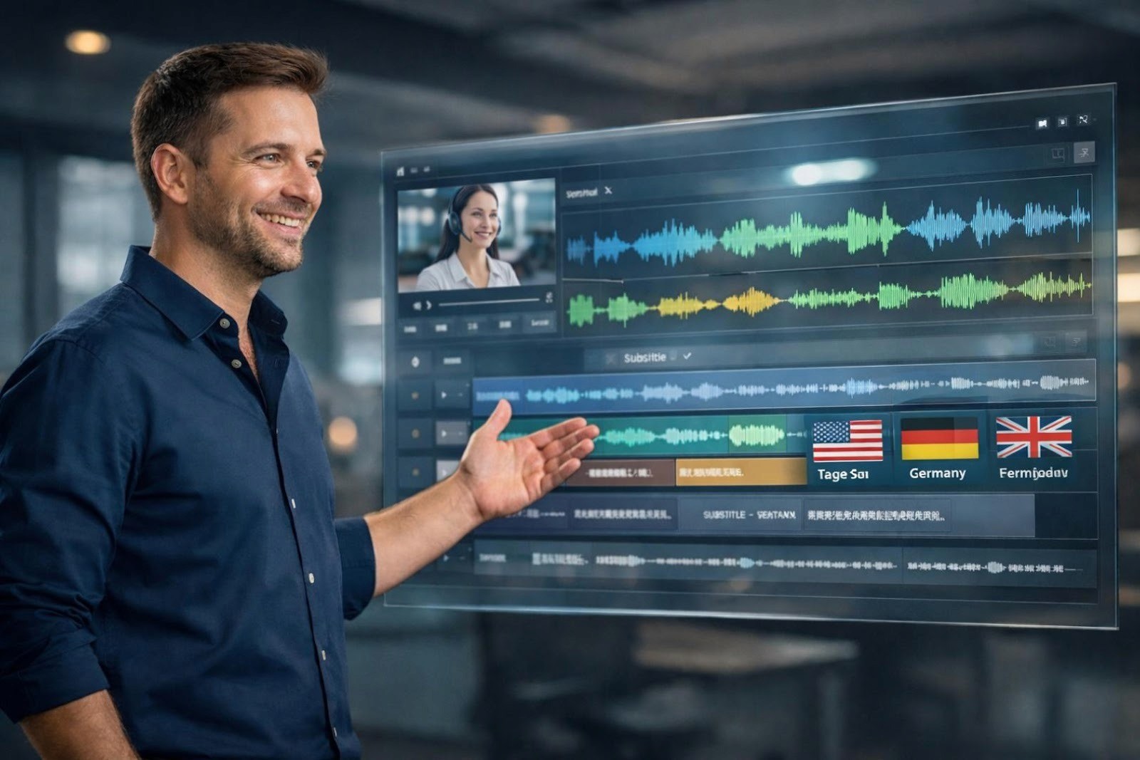 Video Translator platform demonstrating dubbed video versions with multiple language options for business communication