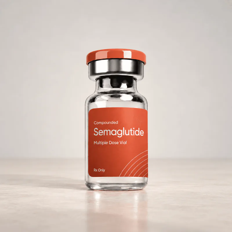 Vial labelled Compounded Semaglutide, Multiple Dose Vial, Rx Only, on a pale studio surface