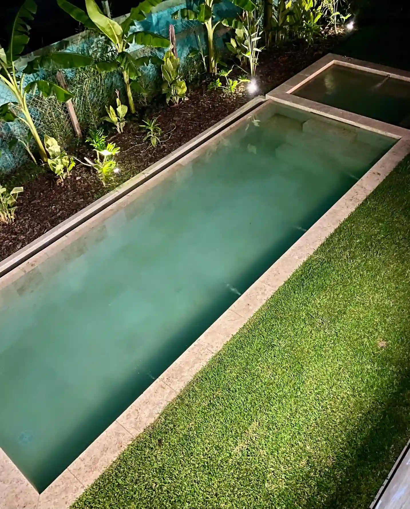 Pileta rectangular angosta de hormigón iluminada de noche, con agua esmeralda, rodeada de césped y plantas tropicales en un jardín.