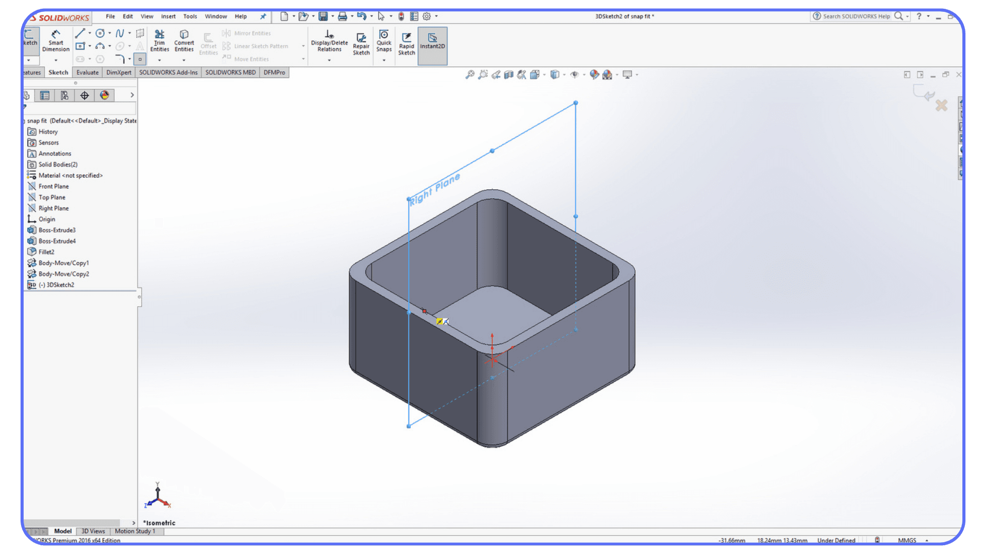 SolidWorks sketch and feature environment showing plane selection and reference geometry on a part