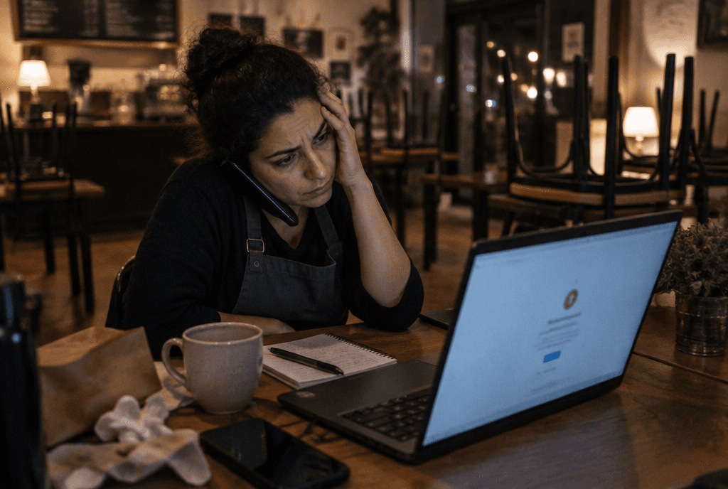 Frustrated business owner looking at a broken, outdated website on a laptop