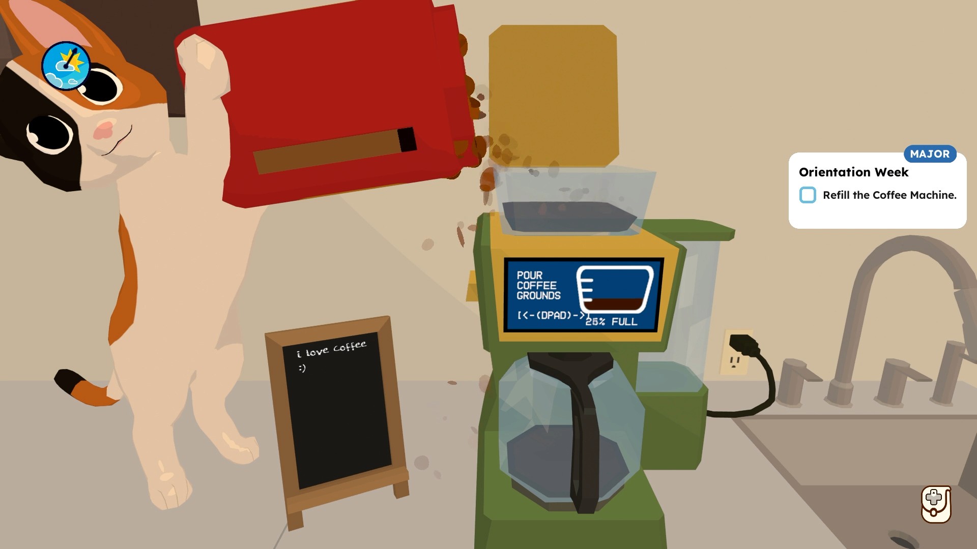 Cat Secretary pouring coffee beans into a coffee machine