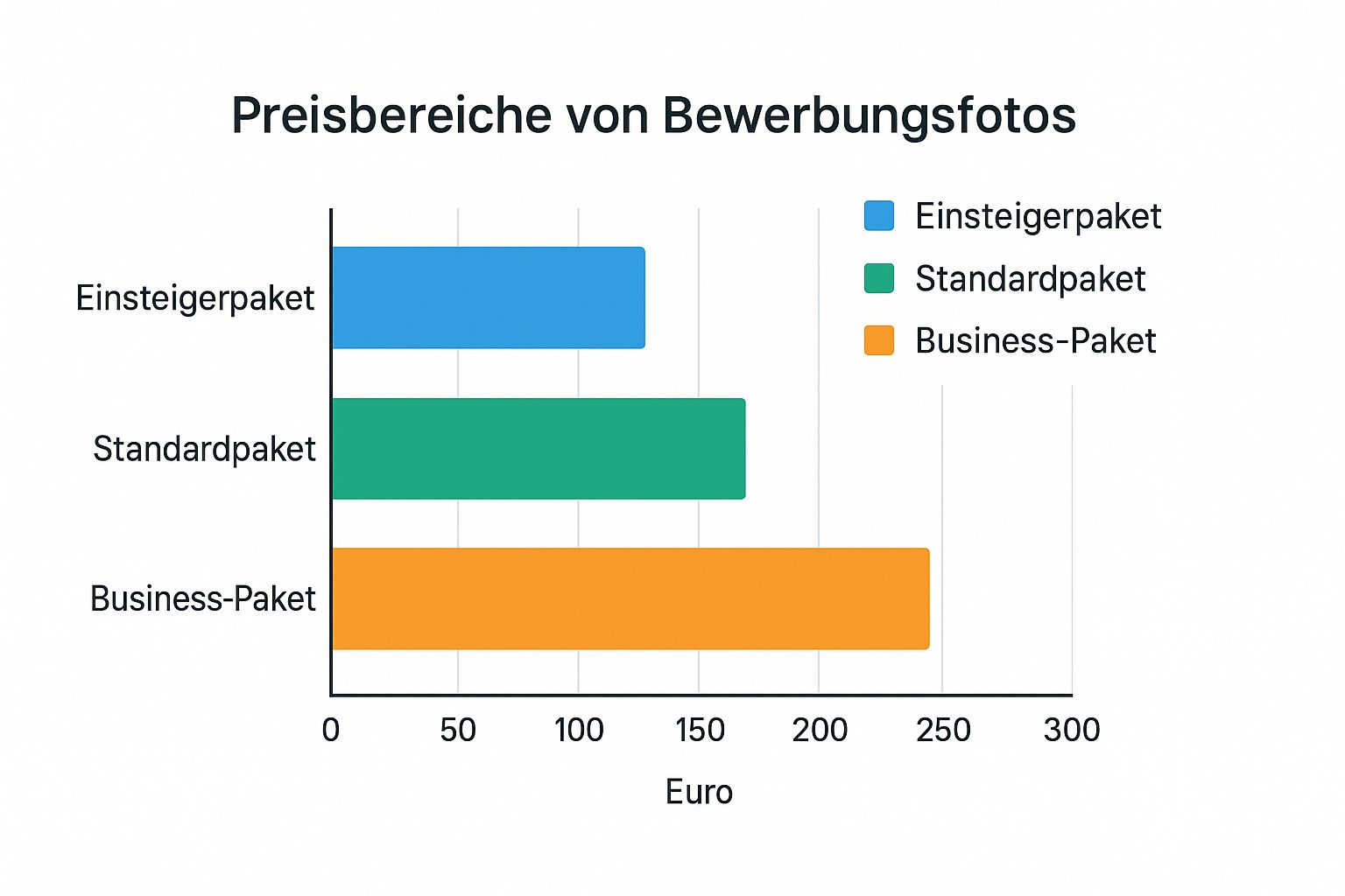 Infografik über die Kosten von Bewerbungsfotos vom Fotografen, unterteilt in Preisbereiche für Einsteiger-, Standard- und Business-Pakete.
