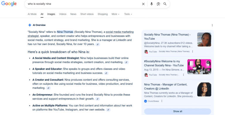AEO Google AI search for Socially Nina