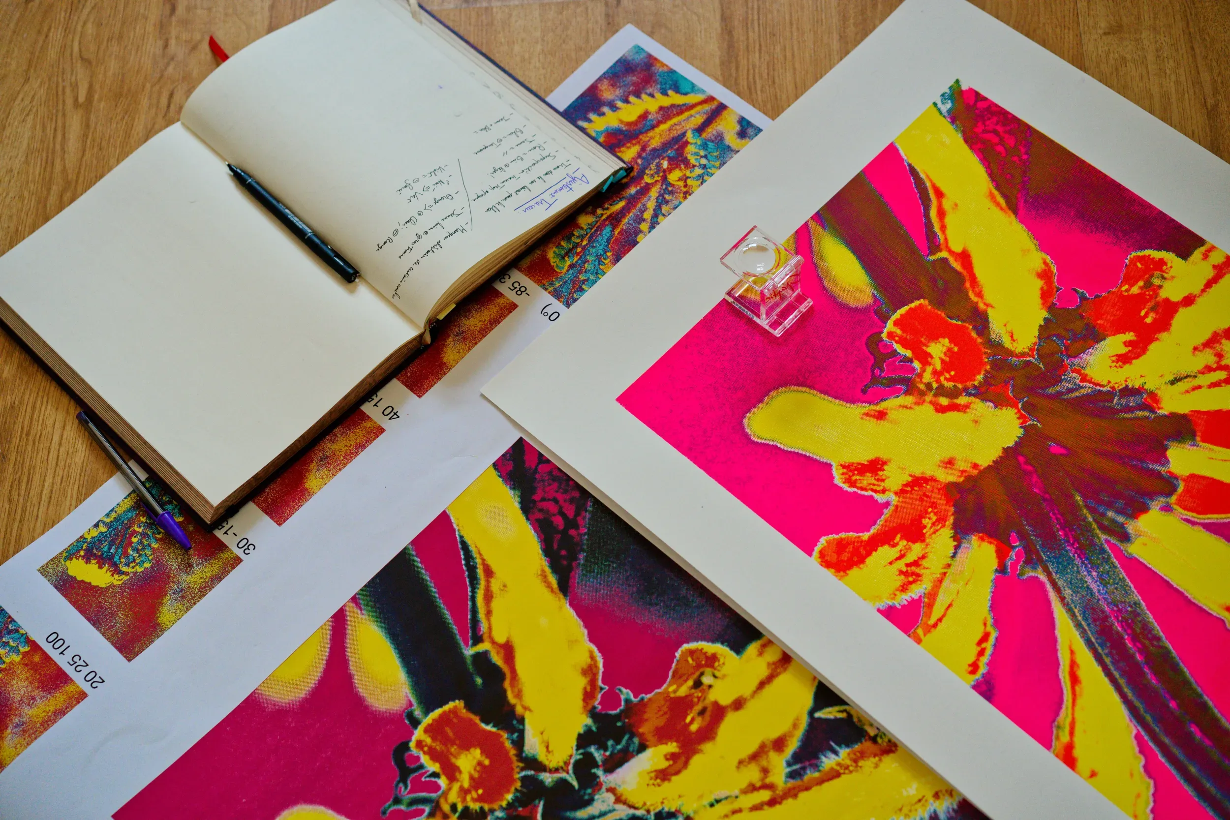 Comparaison graphique de différentes impressions d'une sérigraphie néon abstraite