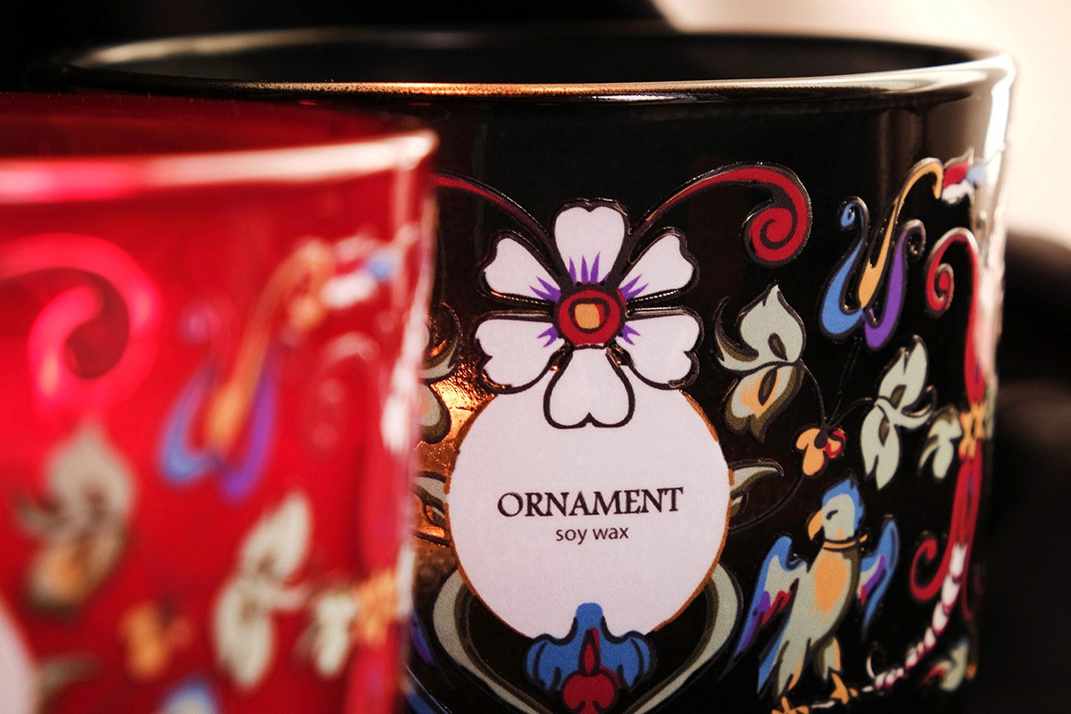 Uv dtf stickers, labels for Candle brand printed on glass with uv dtf printing.