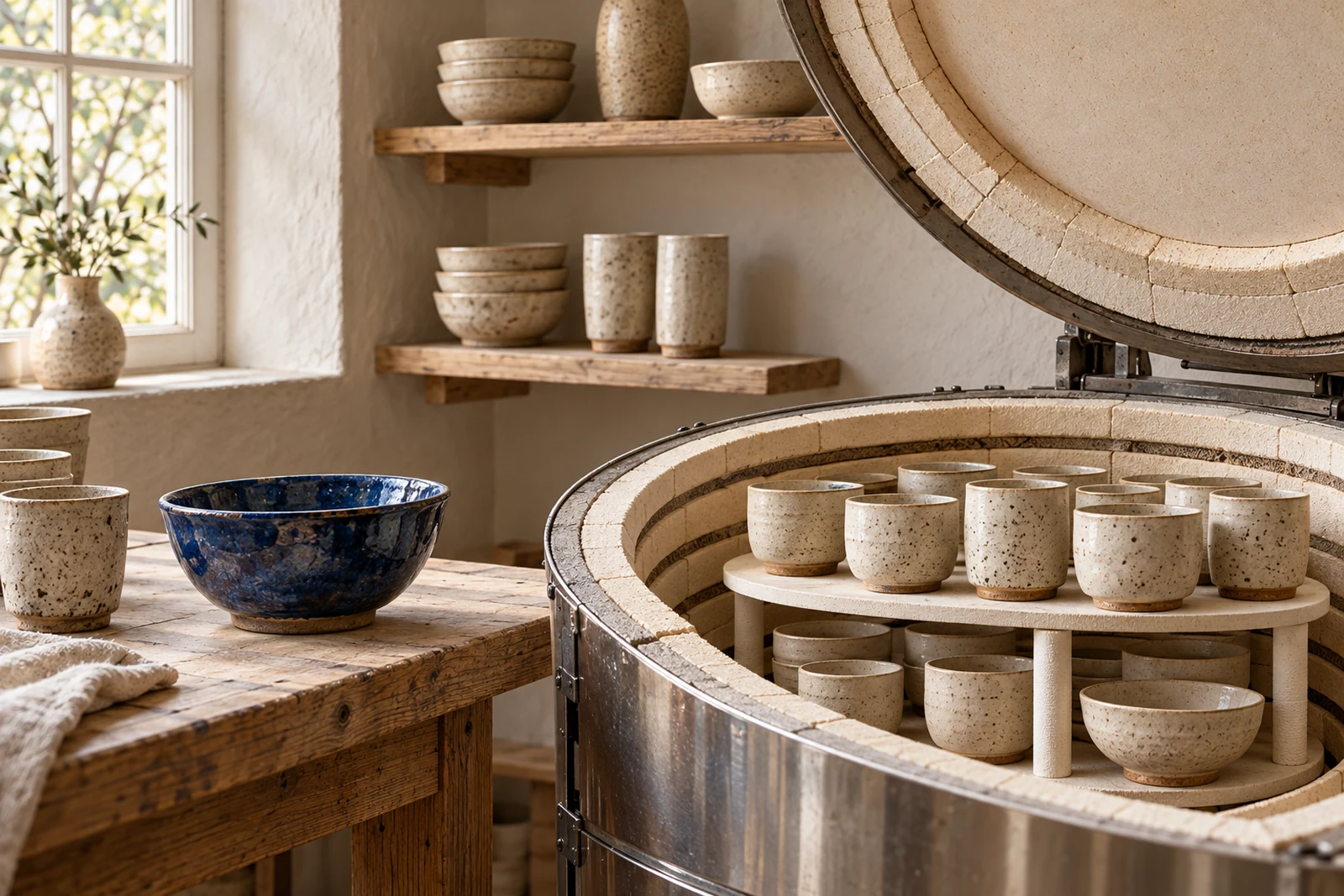 An open pottery kiln in the studio