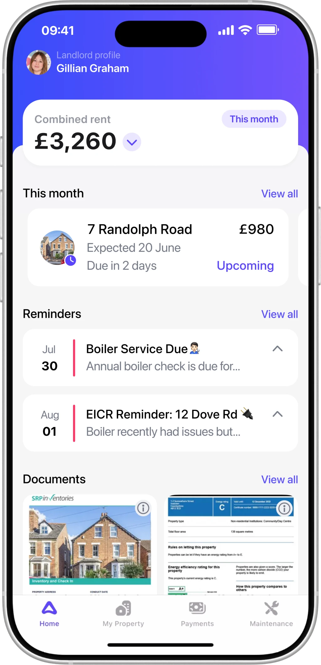 Mobile screenshot of landlord app showing rent reminders, EPC reminders, EICR checks, boiler service, and property documents. Example of landlord software, property management app, and compliance app for rent collection, rent arrears, Section 8 Notice, Section 21 Notice, Gas Safety, Right to Rent check, and landlord insurance within a property management system.