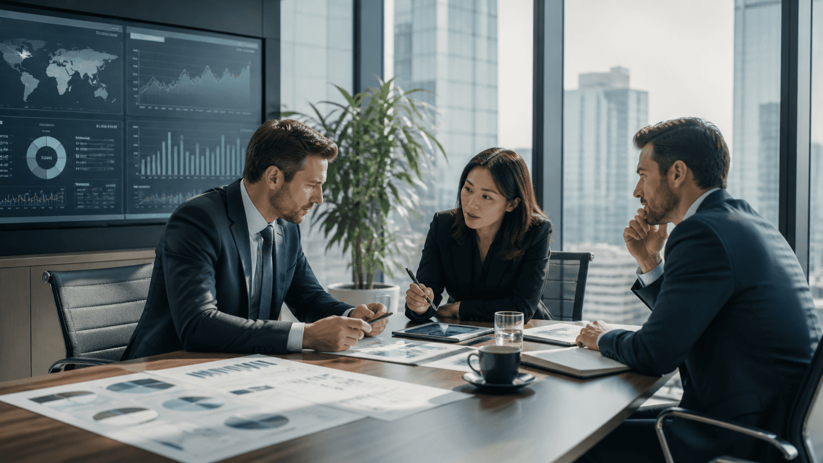 Three professionals in a modern executive office reviewing charts and dashboards during a financial strategy meeting.