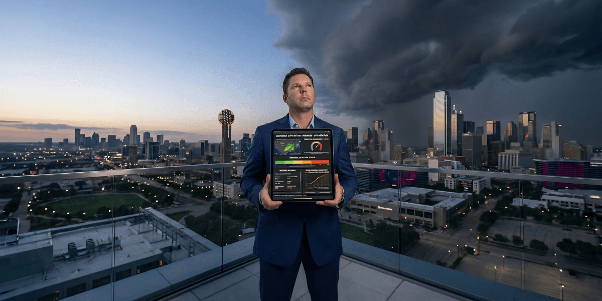 The image shows a man in a suit holding a device displaying a weather forecasting model, with a storm approaching over the Dallas skyline.