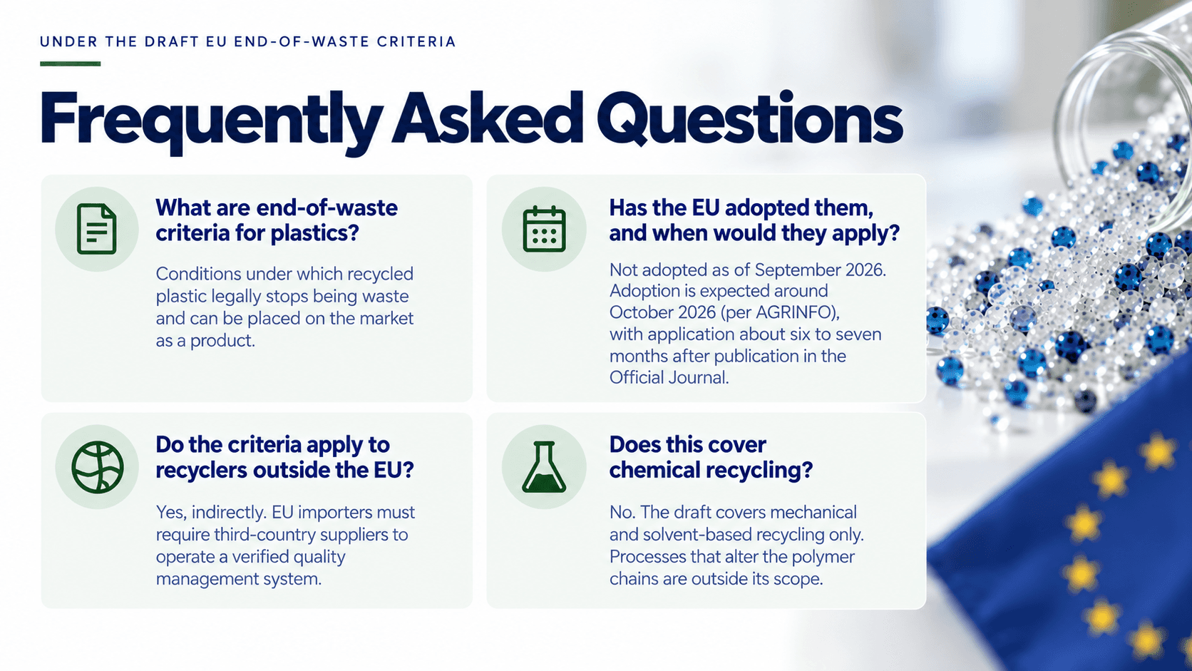 Frequently asked questions on the draft EU end-of-waste criteria for plastics — what they are, adoption status, how they reach non-EU recyclers, and why chemical recycling is outside scope