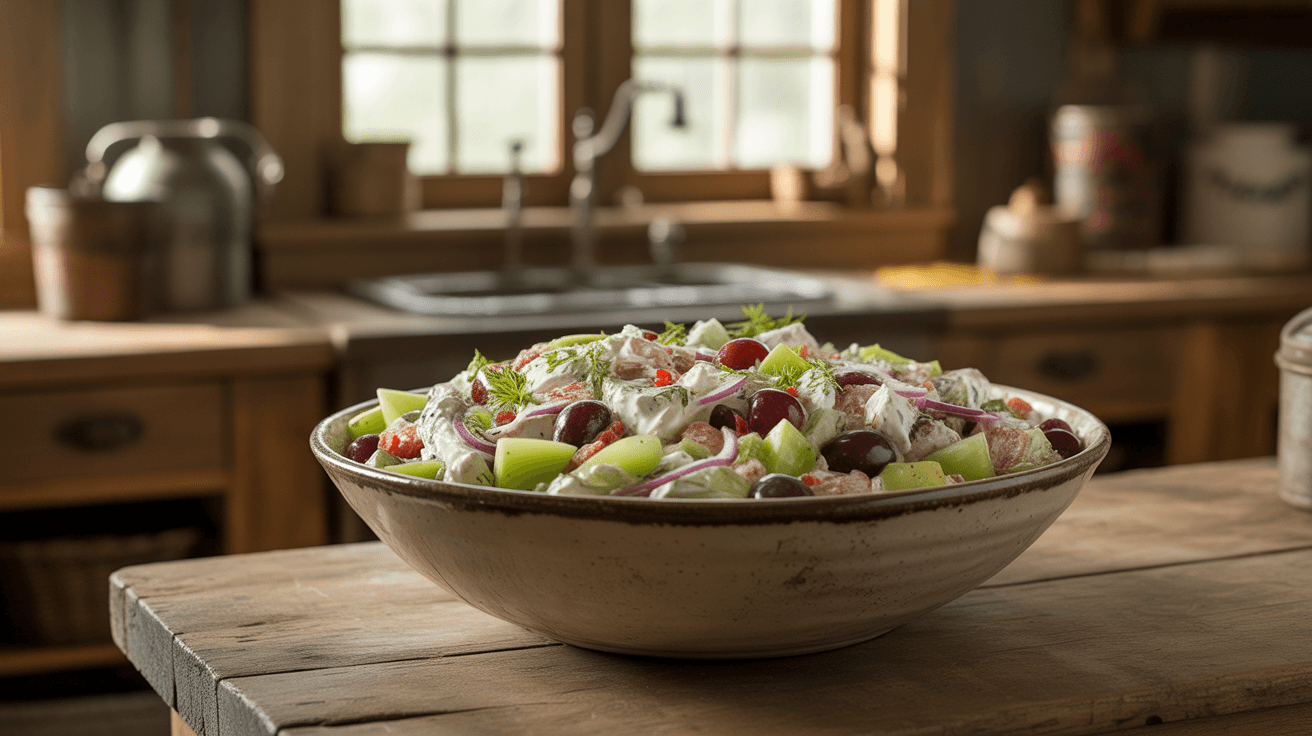 Ceramic bowl of Greek yogurt chicken salad with grapes celery cranberries and rustic farmhouse background
