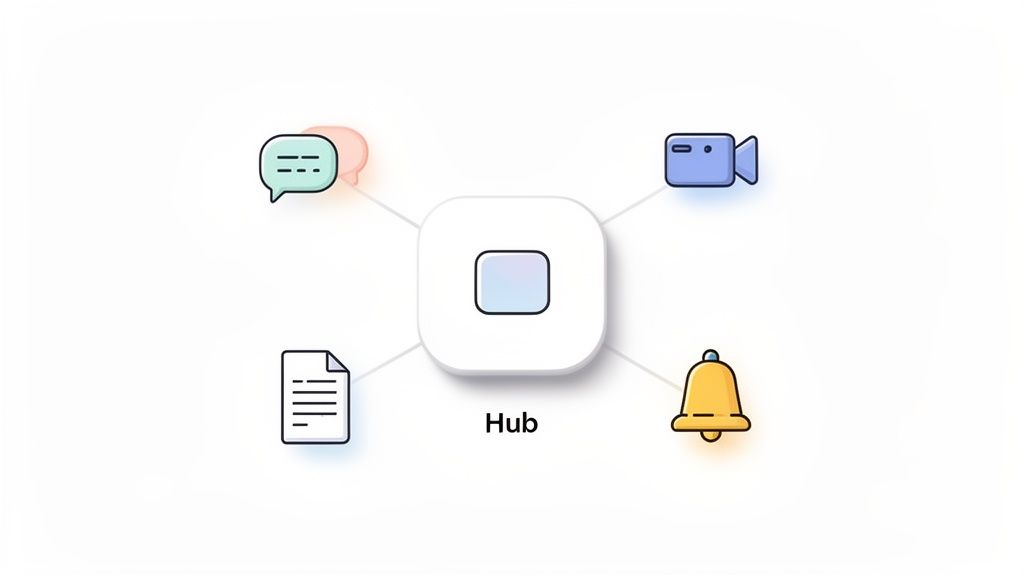 A diagram shows a central 'Hub' connecting speech bubbles, a camera, a document, and a bell icon.