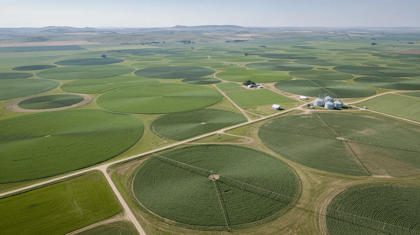 An aerial photograph captures the vibrant green agricultural valley, showcasing irrigated circular crop fields that highlight the potential of farmland investing. This image represents an essential aspect of agricultural investment, emphasizing the importance of high-quality farmland and effective land management for maximizing farm income and portfolio diversification.