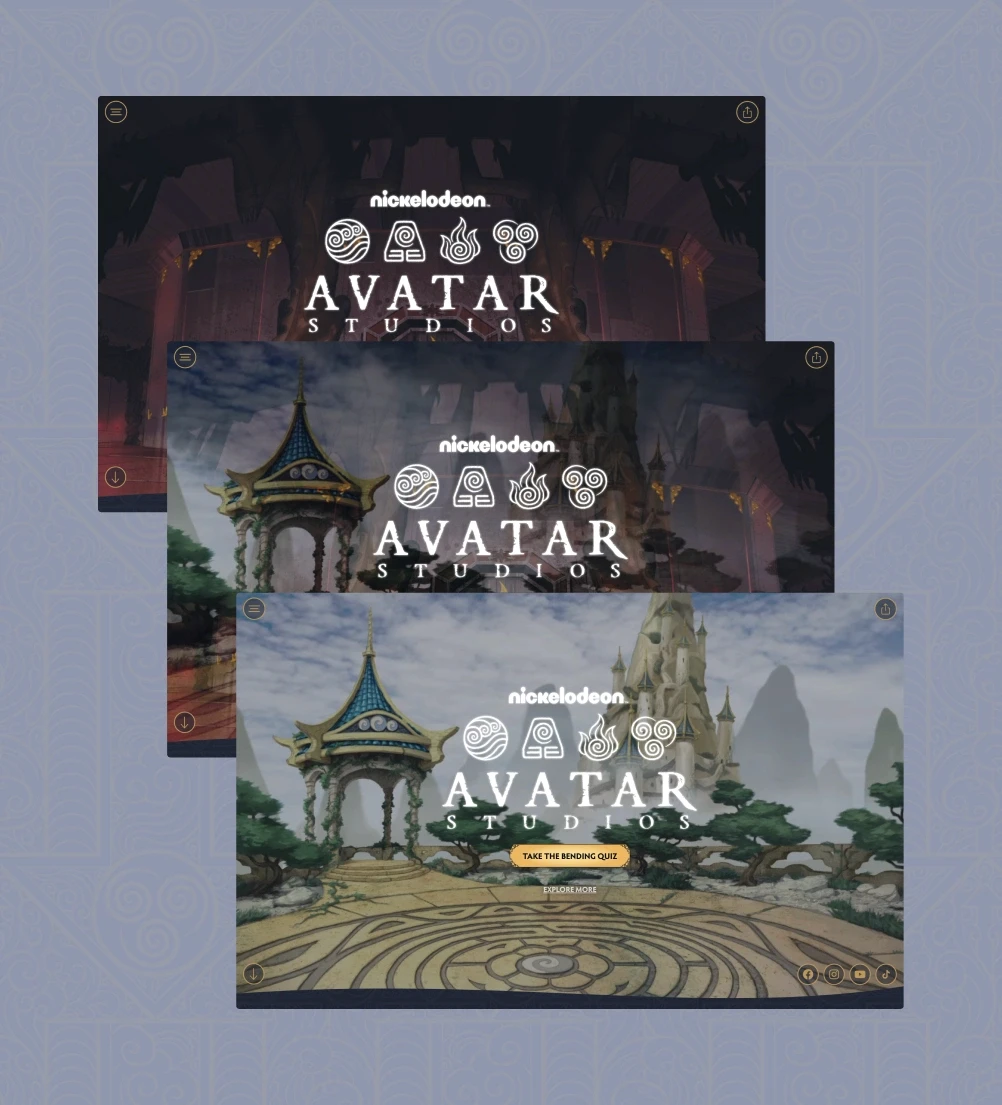 Three stacked variations of the website's hero section, showing different watercolour-style landscape backgrounds from the landing page video.