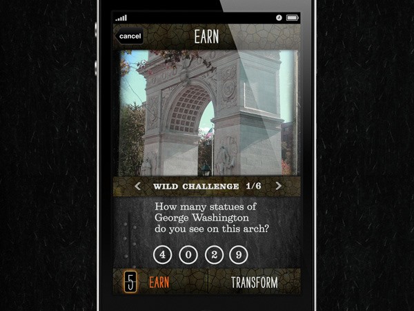 A smartphone screen displays a game interface titled “WILD CHALLENGE 1/6.” The main question asks, “How many statues of George Washington do you see on this arch?” Below the question are numbered circles (4, 0, 2, 9), with “EARN” highlighted in orange. The screen shows a dark background with a textured pattern, and a small “cancel” button is visible in the top left corner. The phone’s status bar indicates a cellular connection and battery level.