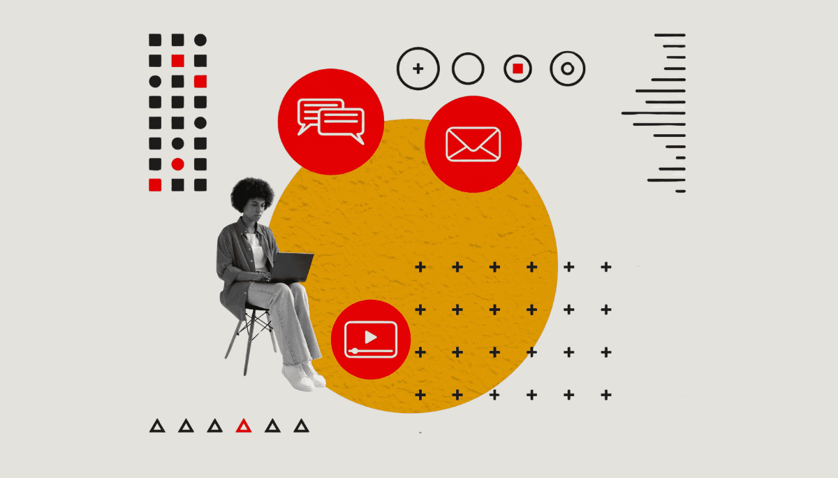 Person using laptop with communication icons, symbolizing rescheduling and interview communication.