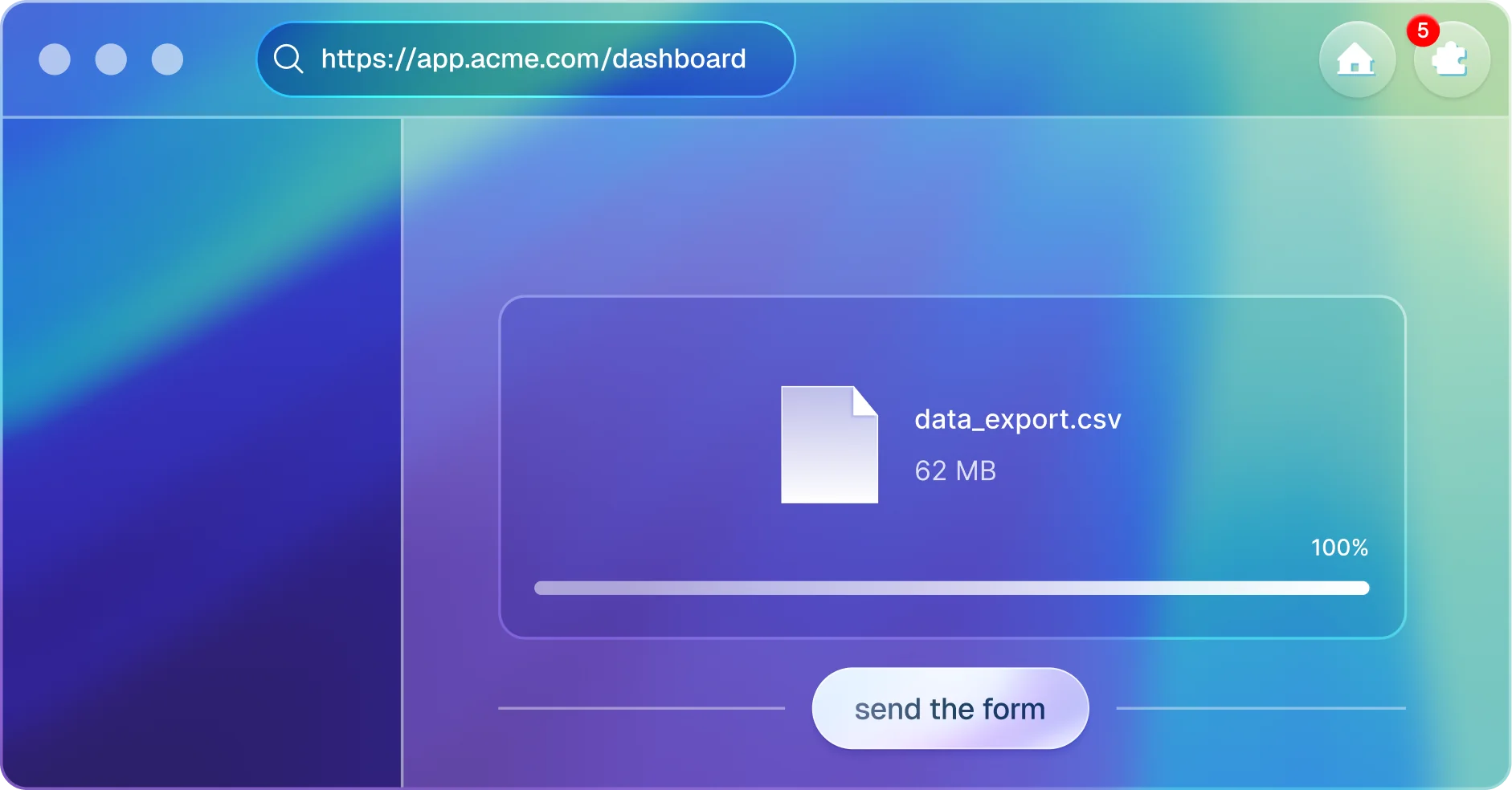 A web browser window showing a data export in progress, with a file named data_export.csv and a 100% completion bar.