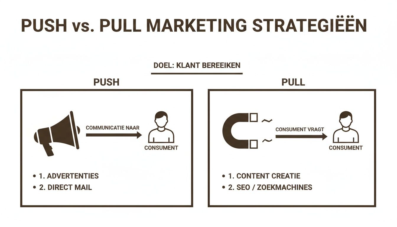 Infographic die de verschillen uitlegt tussen push en pull marketing strategieën, met voorbeelden en visuele elementen.