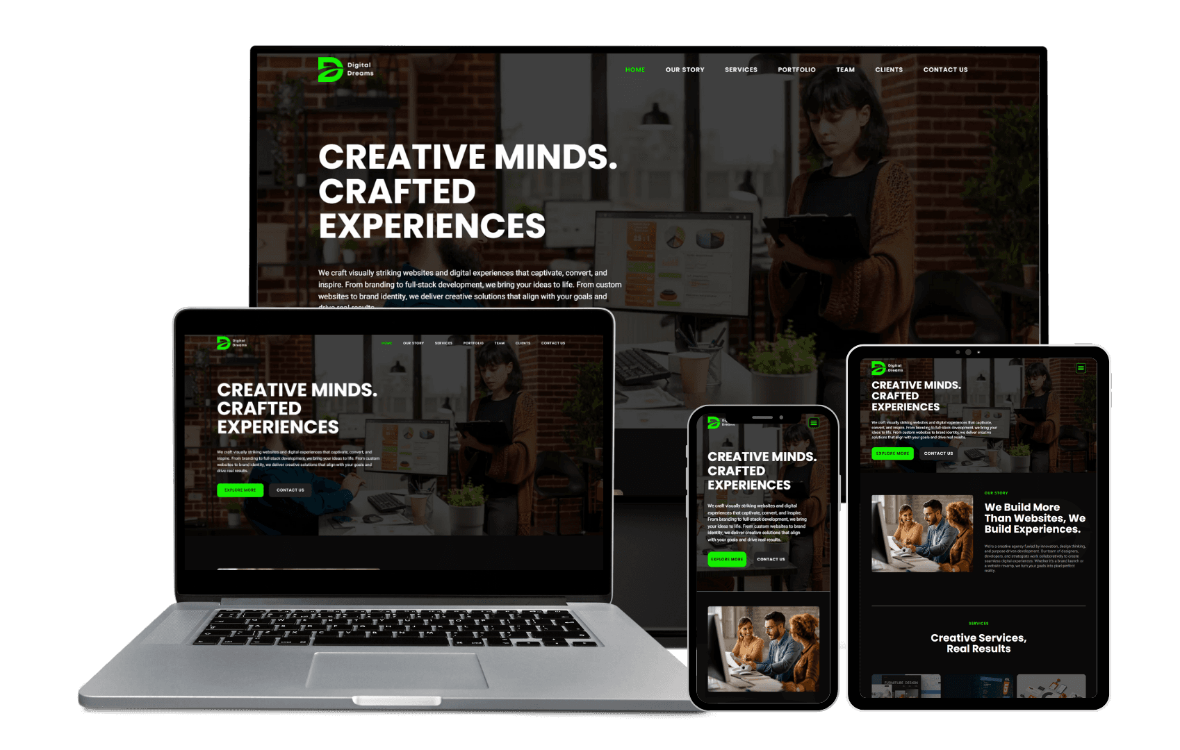 “Modern real estate website layout displaying luxury apartments on multiple devices, highlighting responsive web design and clean aesthetics that enhance user experience and support strategies to achieve higher ranking my website in Google Search.”