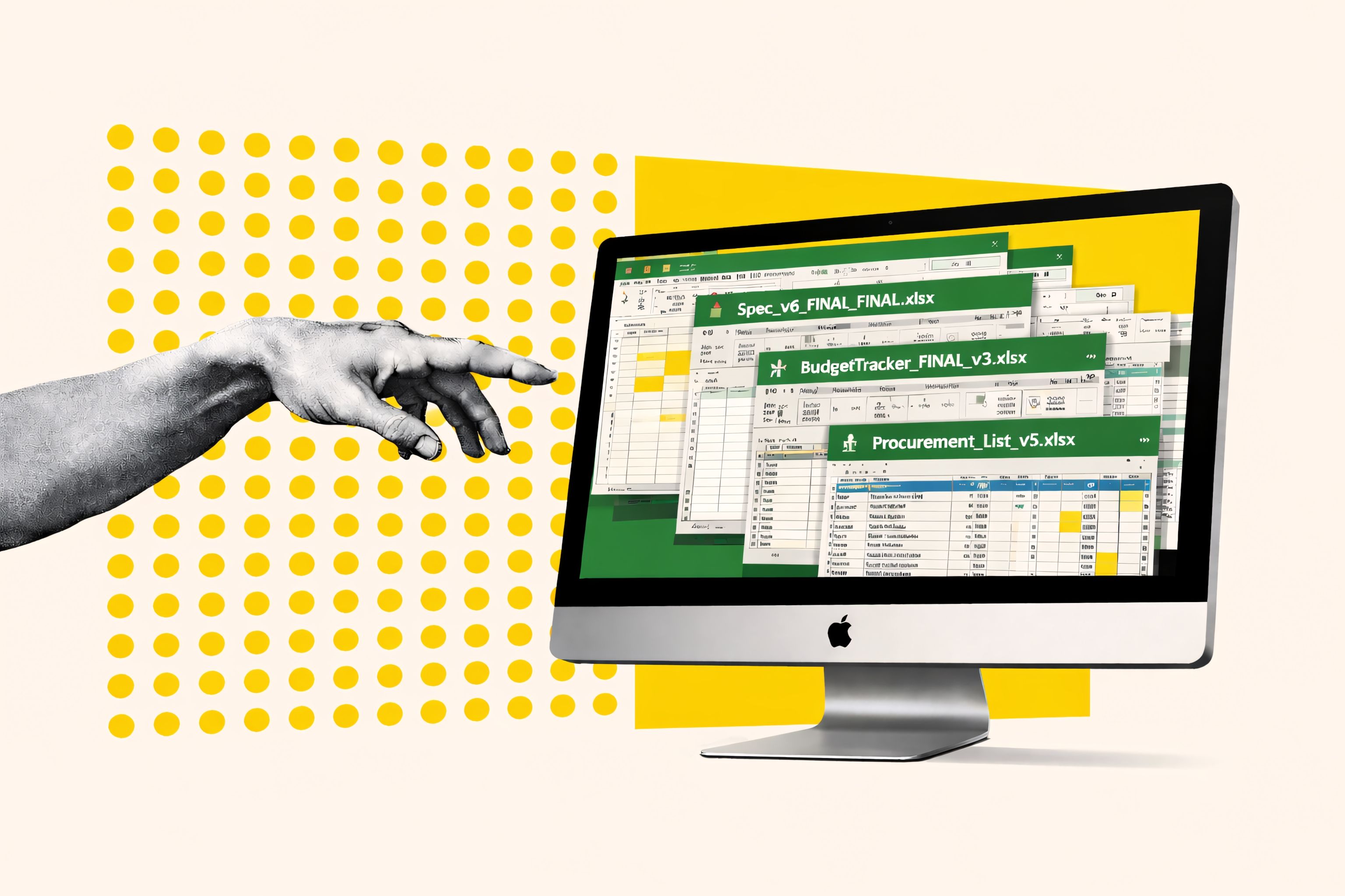 Happy professional man tossing away Excel icon, symbolizing switching from spreadsheets to modern tools