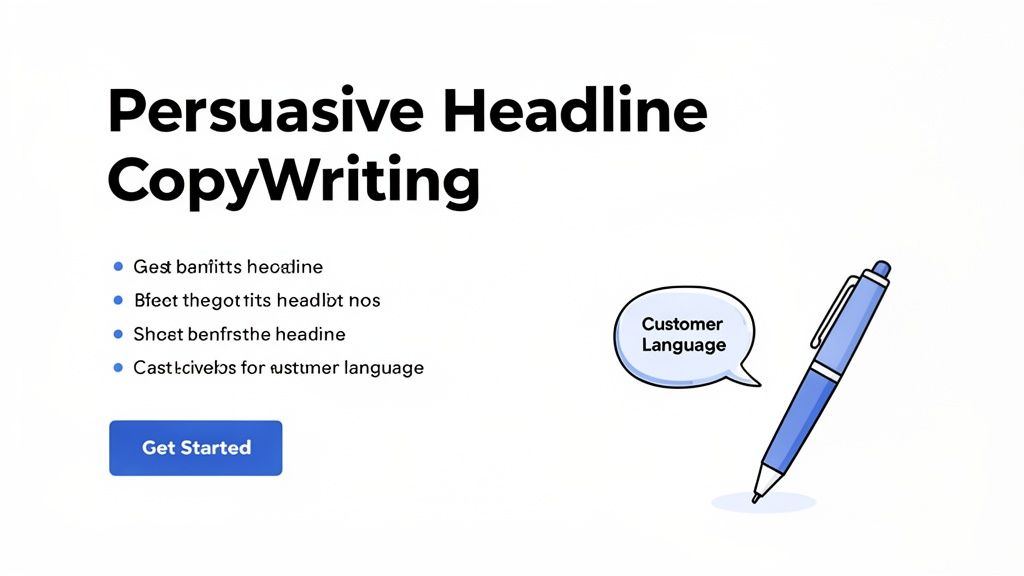 A sales landing page design for 'Persuasive Headline CopyWriting' with bullet points, a call to action, and a pen illustration.