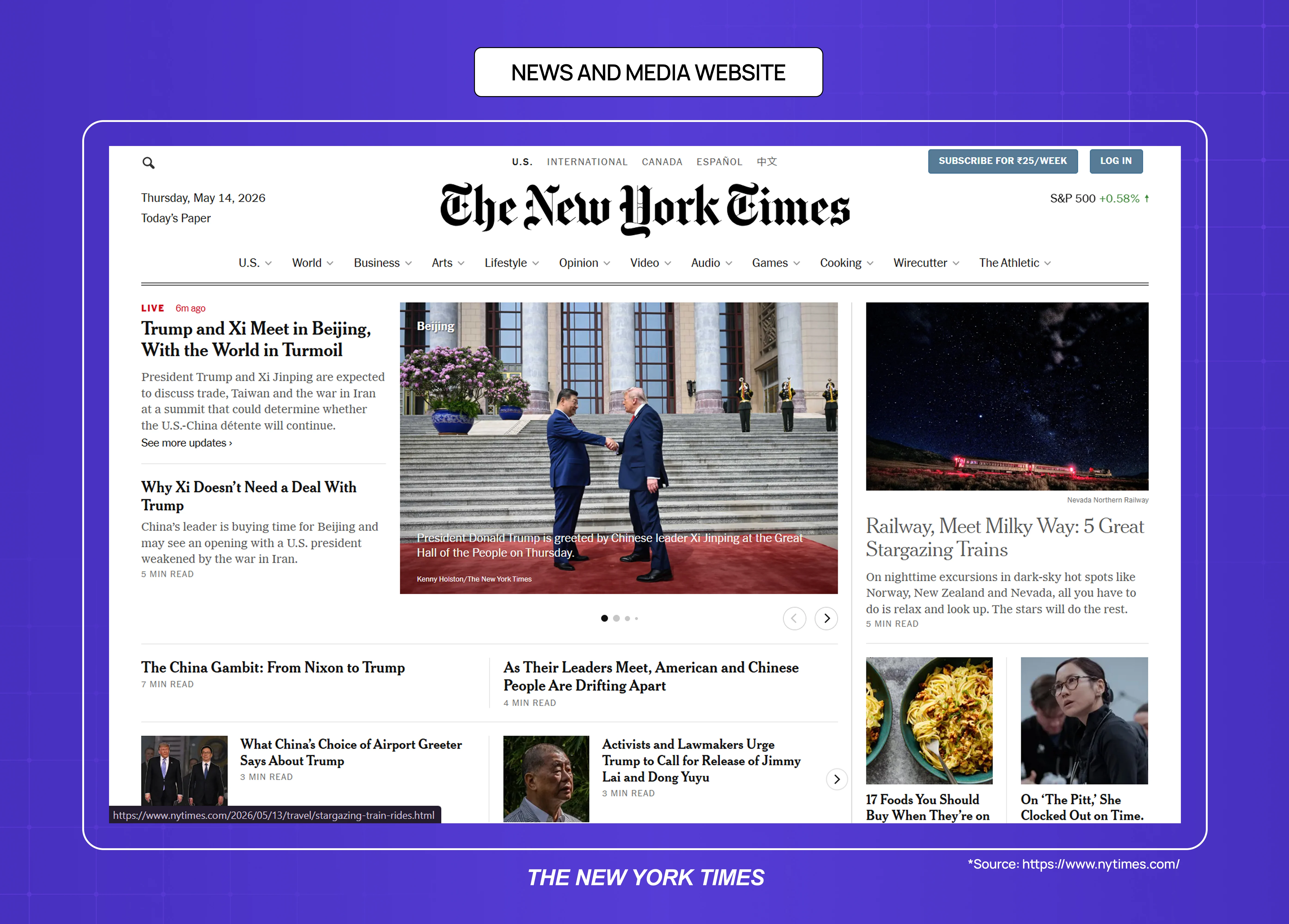 The New York Times news website homepage displaying breaking headlines, featured stories, and editorial content sections.