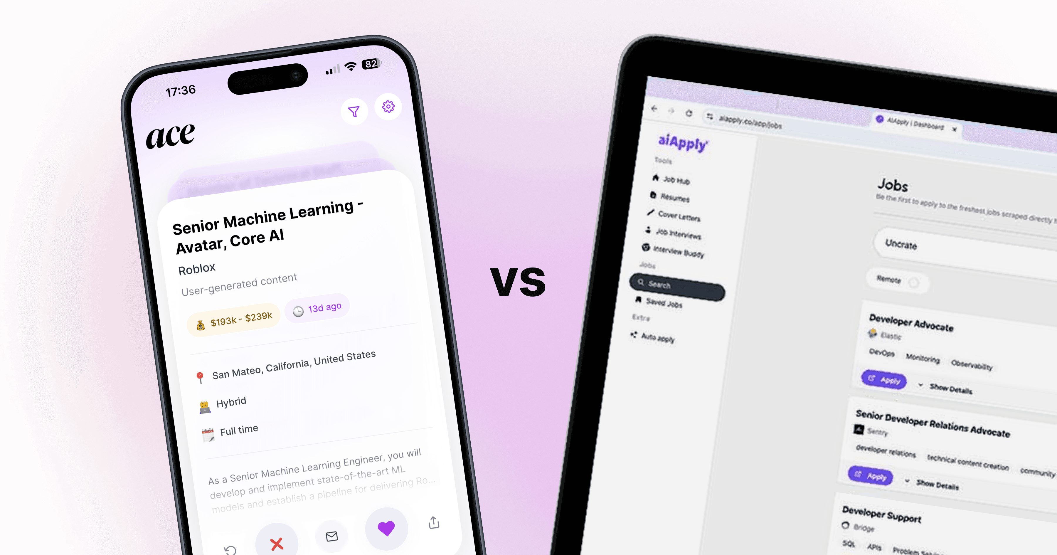  Side by side comparison of AIApply and Ace AI job search tools showing features and differences.