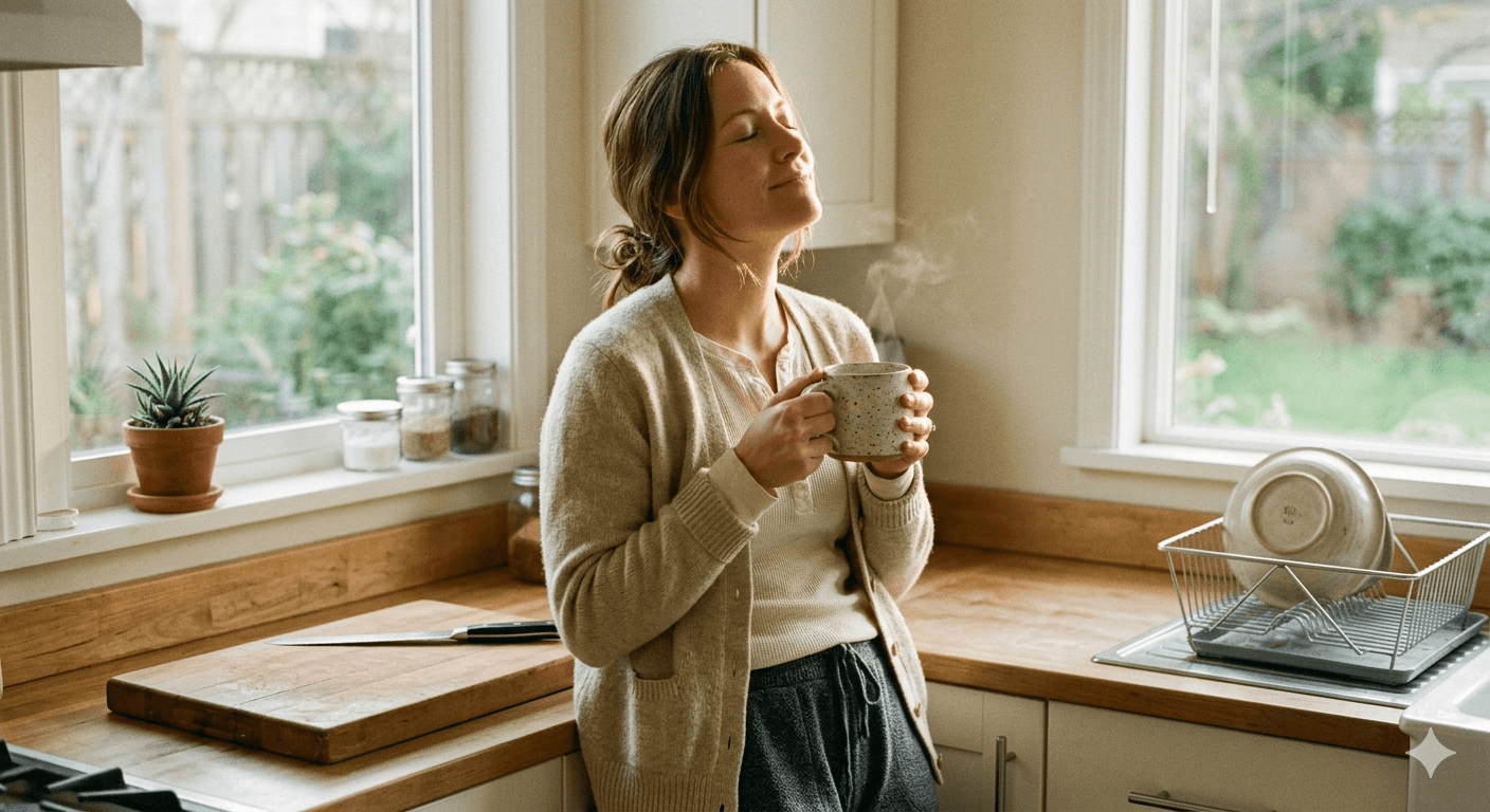 A woman stands at a sunlit kitchen window in a soft cardigan, holding a mug of coffee close to her chest, eyes softly closed with a small smile.