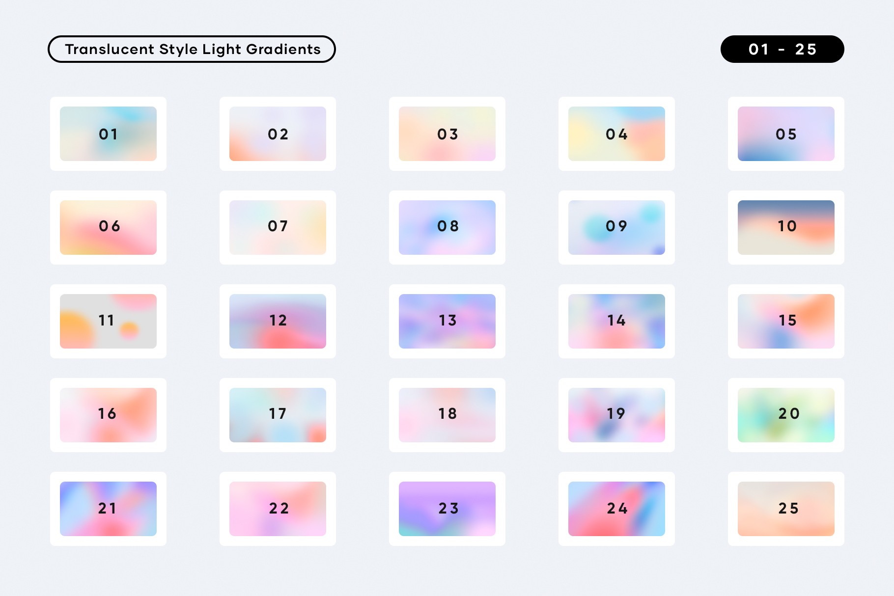 Preview of 25 light gradient backgrounds from the Translucent Gradient Pack.