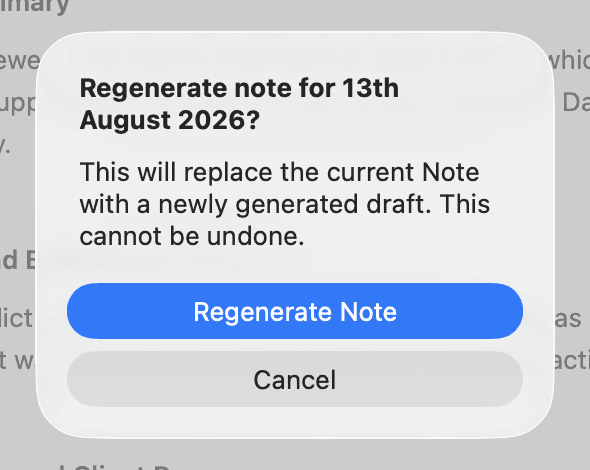 The confirmation explaining that regenerating the Note replaces it with a new draft, with Regenerate Note and Cancel buttons.