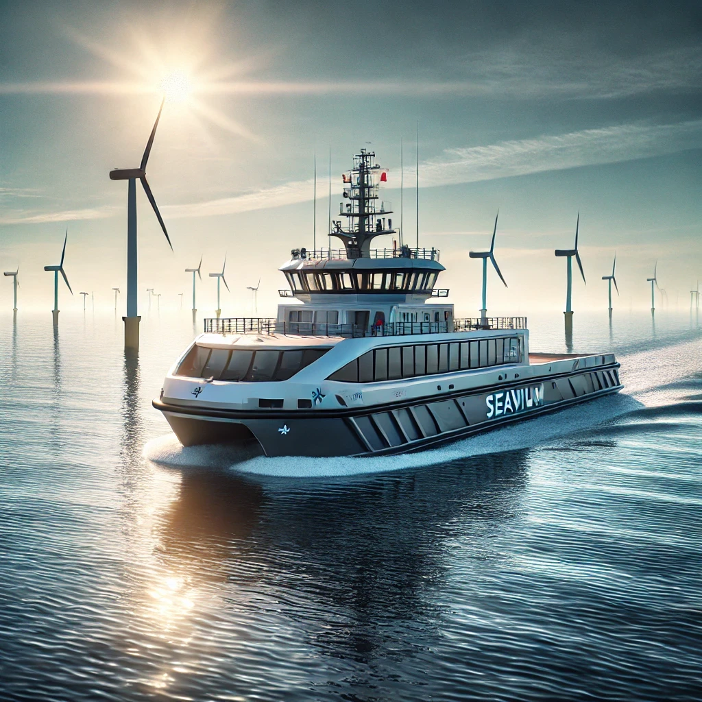 An ultra-modern Crew Transfer Vessel (CTV) navigating through open waters under bright sunlight, with offshore wind turbines visible in the background. The vessel features a sleek design and vibrant colors, showcasing its efficiency and purpose in offshore operations.