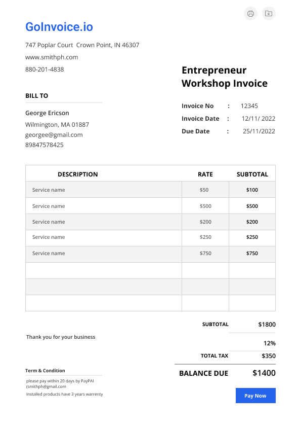 Entrepreneur Workshop Invoice