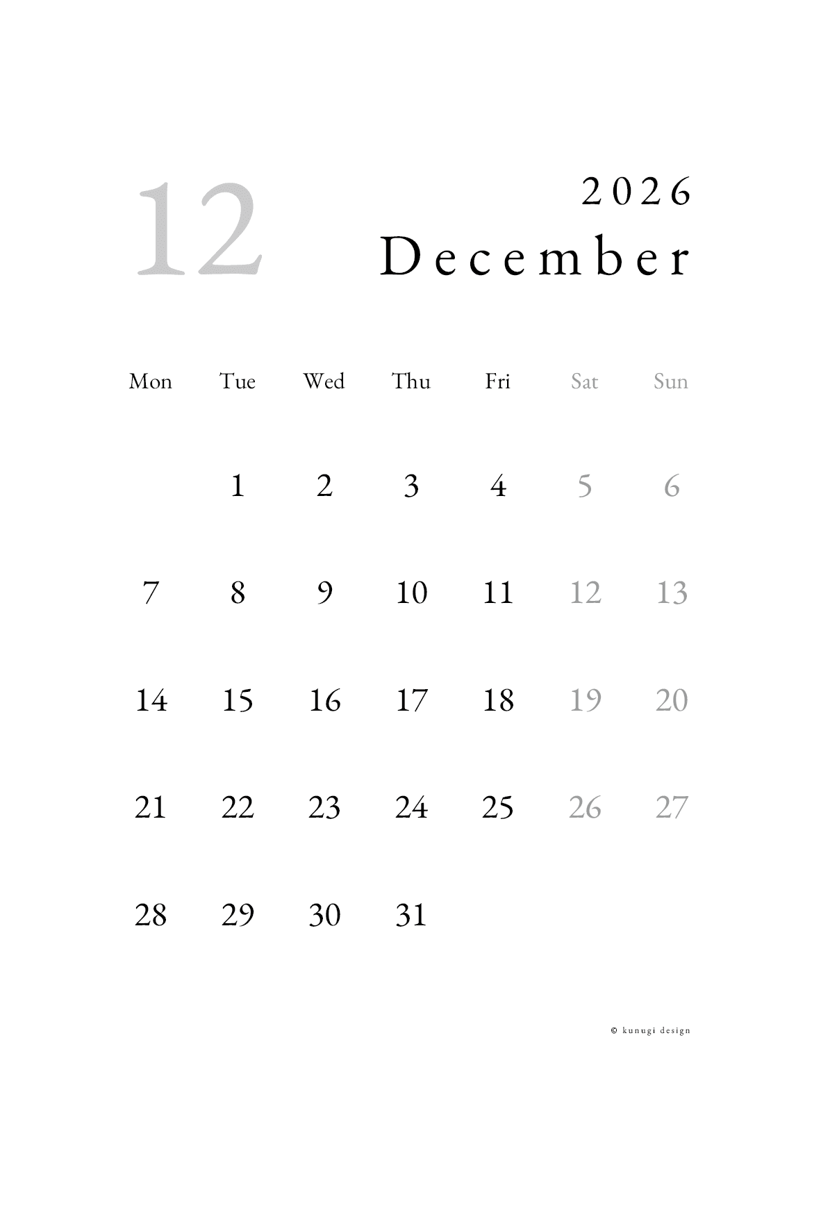 2026年12月カレンダー