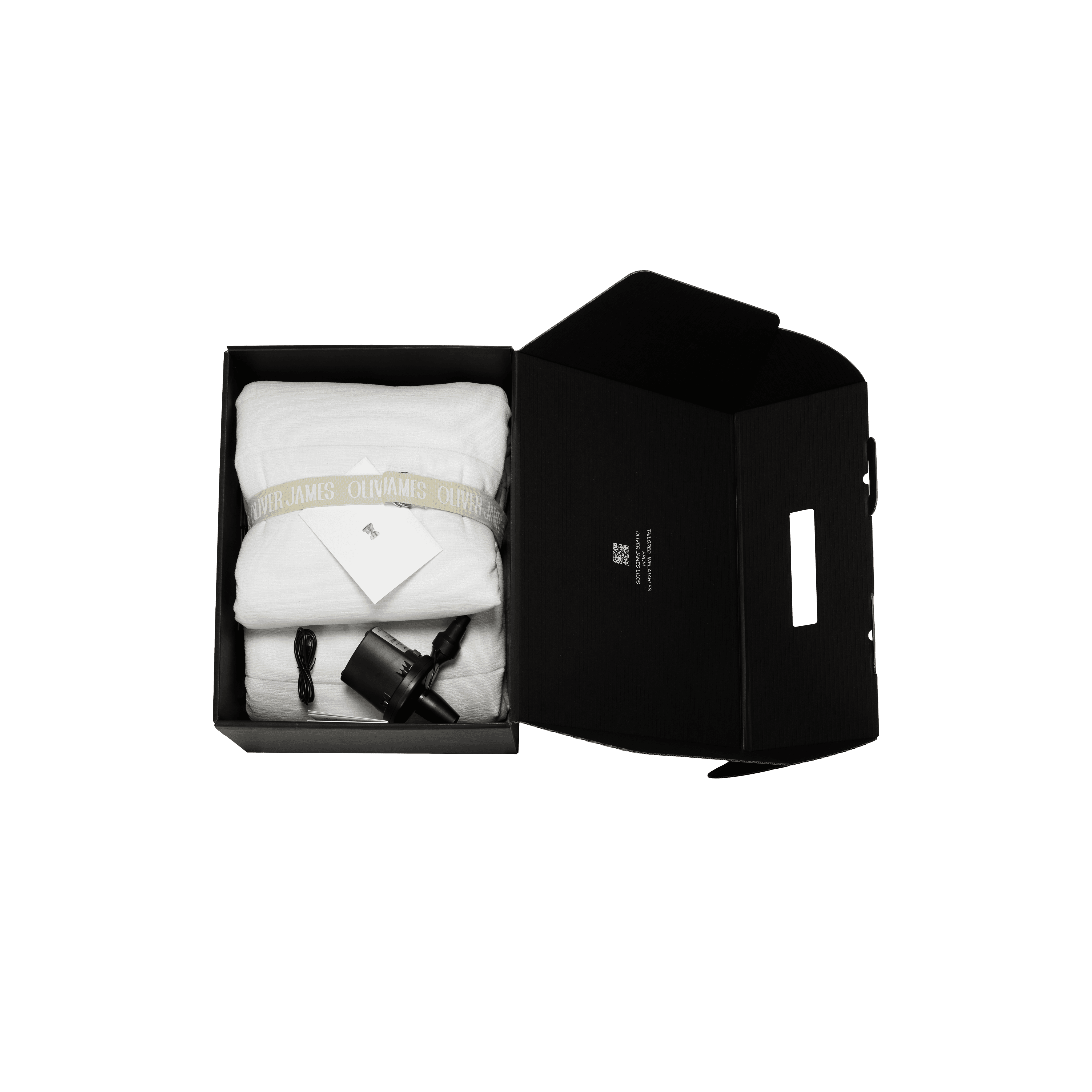 White chenille lilo folded in its structured black travel case with branded label and securing straps
