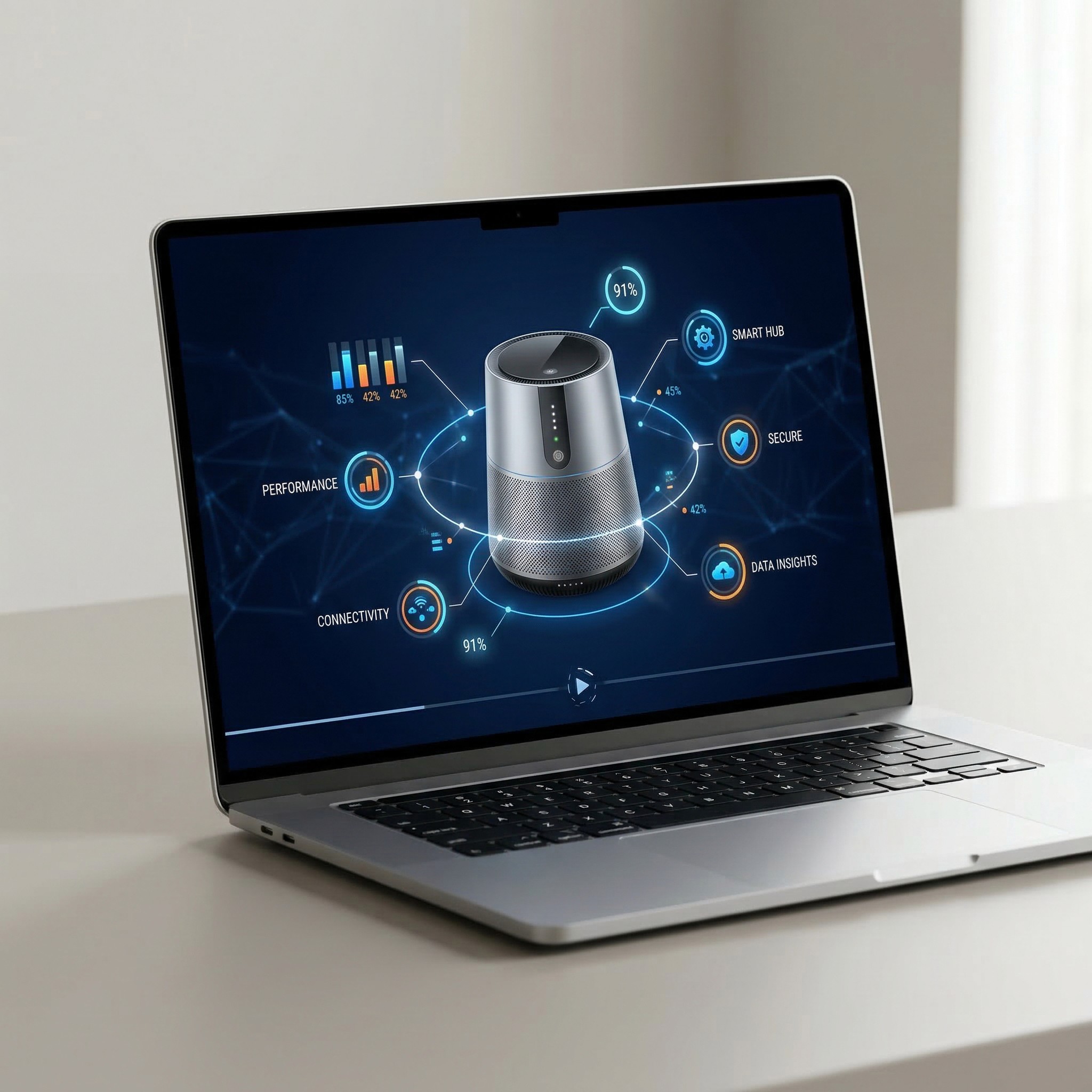 Explainer video frame on a laptop screen showing a 3D smart speaker with motion graphics and animated feature callouts — explainer video production services for brands — Penguincil Design