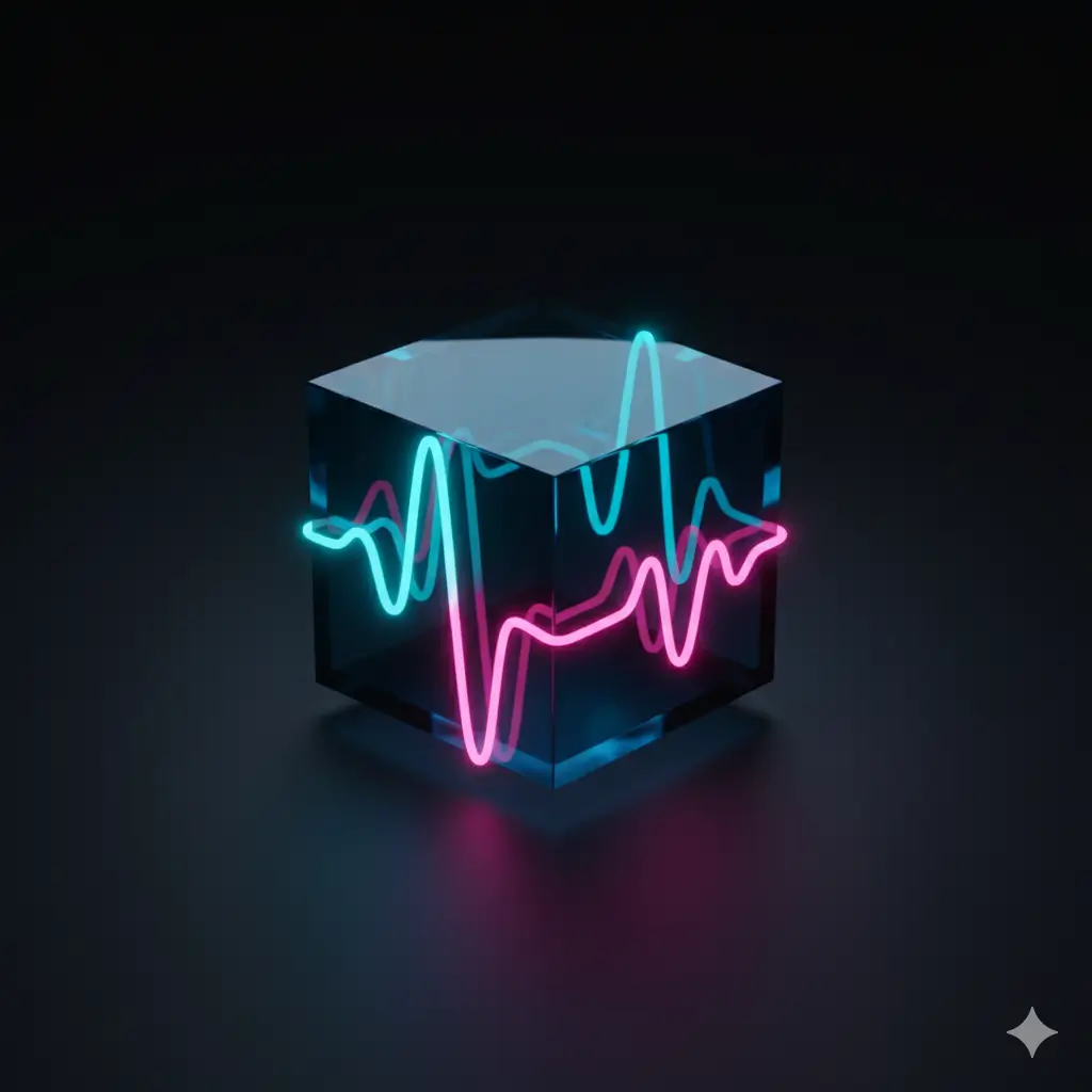Transparent glass cube with neon cyan and magenta waveform lines wrapping its sides, glowing on a dark reflective surface