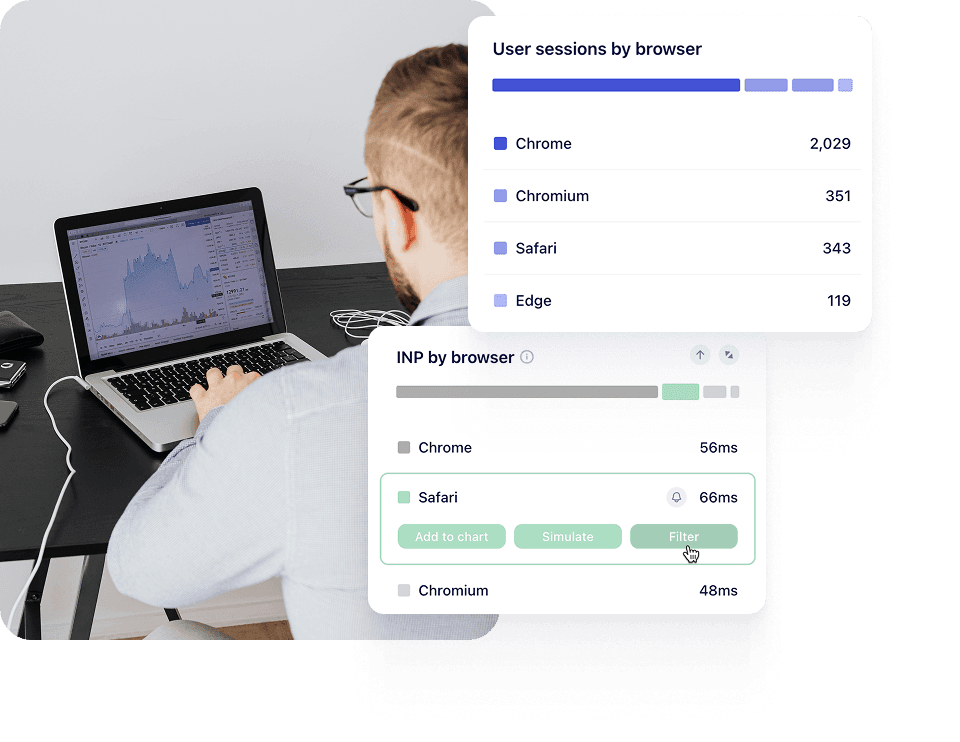 Man on computer checking performance metrics